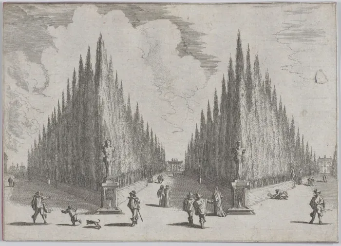 Framed Print : Three allees separated by two groups of trees in pointed configurations, from Views of Ga... 1636. Creator: Johann Wilhelm Baur