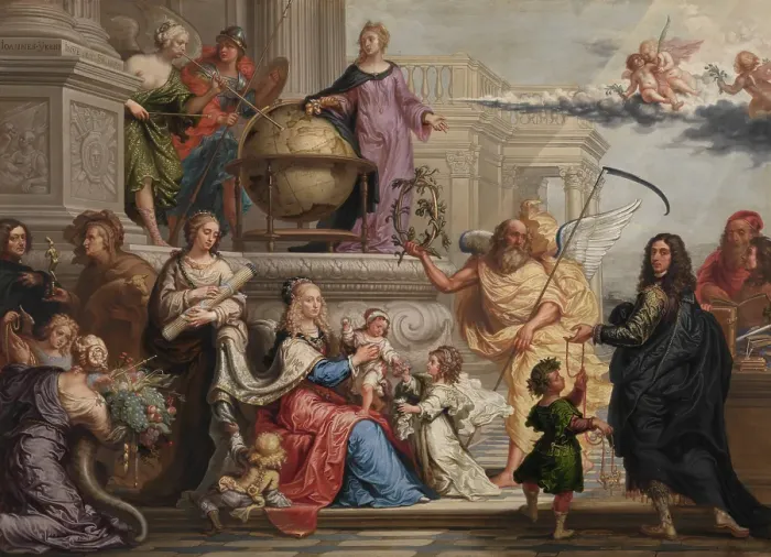 Framed Print : Allegorical Adoration of the Birth of a Prince, 1659. Creator: Johannes Ykens Framed Print : Allegorical Adoration of the Birth of a Prince, 1659. Creator: Johannes Ykens