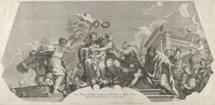 Framed Print : An allegorical composition with Charity and prisoners in chains; a plate from Rossis seri... 1677. Creator: Jacques Blondeau Framed Print : An allegorical composition with Charity and prisoners in chains; a plate from Rossis seri... 1677. Creator: Jacques Blondeau