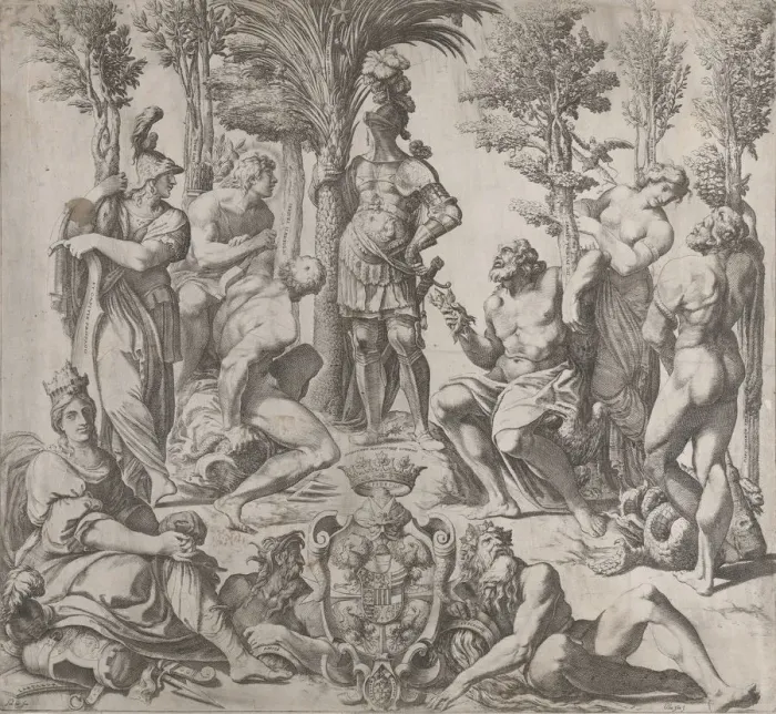 Framed Print : Allegorical composition with six Olympian gods gathered around a figure in armor, 1615-35 Framed Print : Allegorical composition with six Olympian gods gathered around a figure in armor, 1615-35