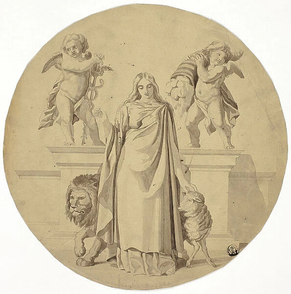 Allegorical Female Figure with Lion, Lamb, Two Putti, n.d. Creator: Frederic Leighton
