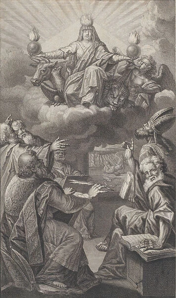 Allegorical figure appearing on clouds overhead while a group of men gathered below look