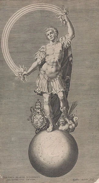 Allegorical figure of a warrior standing on a globe with the papal coat of arms a... ca