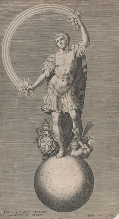 Framed Print : Allegorical figure of a warrior standing on a globe with the papal coat of arms a... ca Framed Print : Allegorical figure of a warrior standing on a globe with the papal coat of arms a... ca