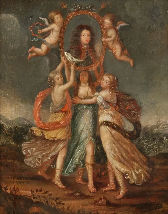 Framed Print : Three Allegorical Figures Bearing the Portrait of Karl XI of Sweden, c17th century. Creator: David Klocker Ehrenstrahl Framed Print : Three Allegorical Figures Bearing the Portrait of Karl XI of Sweden, c17th century. Creator: David Klocker Ehrenstrahl