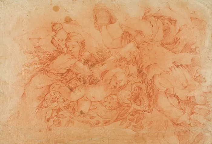 Framed Print : Allegorical Figures Holding the Papal Insignia, study after the Allegory of Divine... c.1650. Creator: Luca Giordano Framed Print : Allegorical Figures Holding the Papal Insignia, study after the Allegory of Divine... c.1650. Creator: Luca Giordano