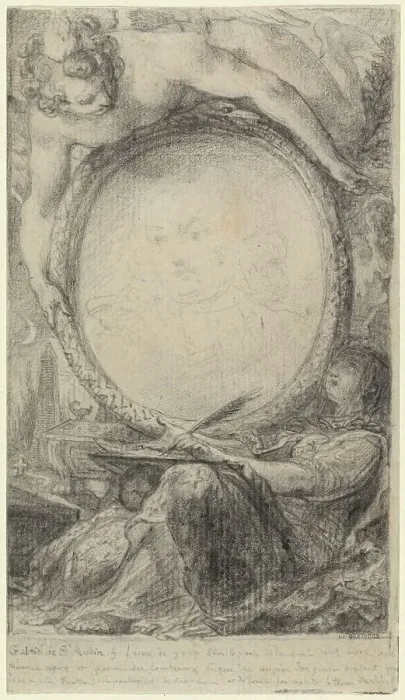 Framed Print : Allegorical Frame with a Genius and a Veiled Woman Writing, c. 1769. Creator: Gabriel de Saint-Aubin Framed Print : Allegorical Frame with a Genius and a Veiled Woman Writing, c. 1769. Creator: Gabriel de Saint-Aubin