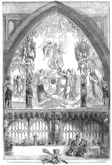 Framed Print : Allegorical Picture, by Absolon and Fenton, painted for the Inauguration Dinner...Nov. 9, 1854. Creator: A. J. Mason Framed Print : Allegorical Picture, by Absolon and Fenton, painted for the Inauguration Dinner...Nov. 9, 1854. Creator: A. J. Mason