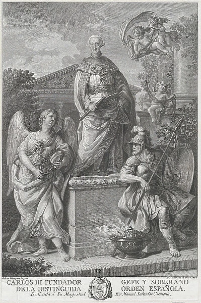 Allegorical portrait of Carlos III standing on a pedestal flanked by figures (War and Peac... 1778. Creator: Manuel Salvador Carmona)