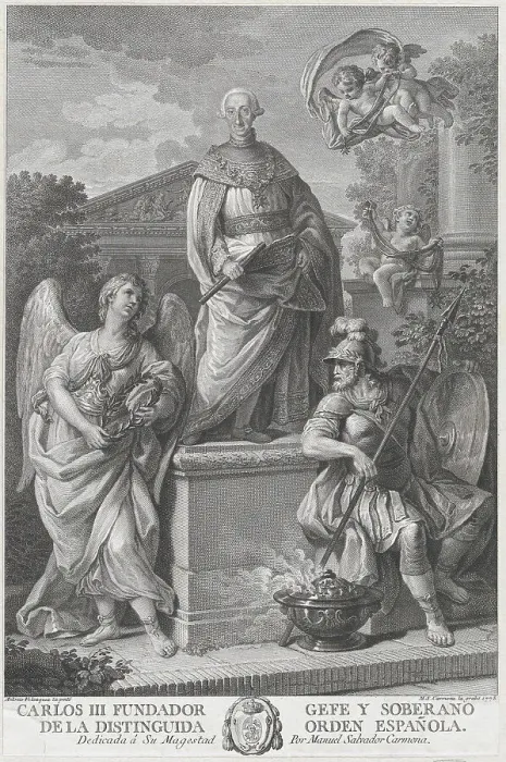 Framed Print : Allegorical portrait of Carlos III standing on a pedestal flanked by figures (War and Peac... 1778. Creator: Manuel Salvador Carmona) Framed Print : Allegorical portrait of Carlos III standing on a pedestal flanked by figures (War and Peac... 1778. Creator: Manuel Salvador Carmona)