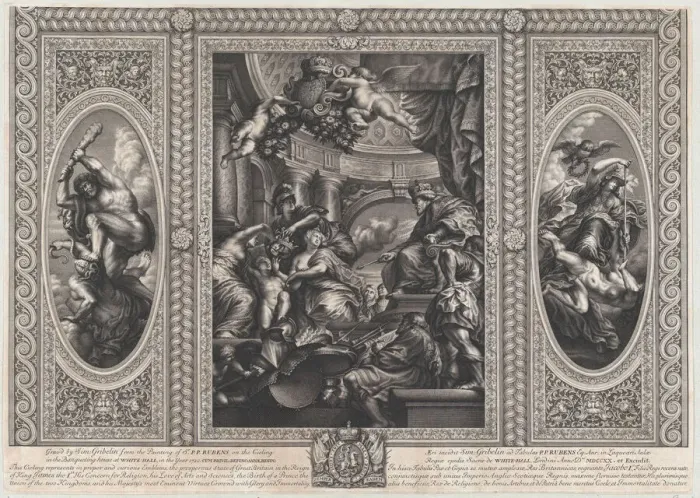Framed Print : An allegorical scene showing the benefits of James reign at center Framed Print : An allegorical scene showing the benefits of James reign at center