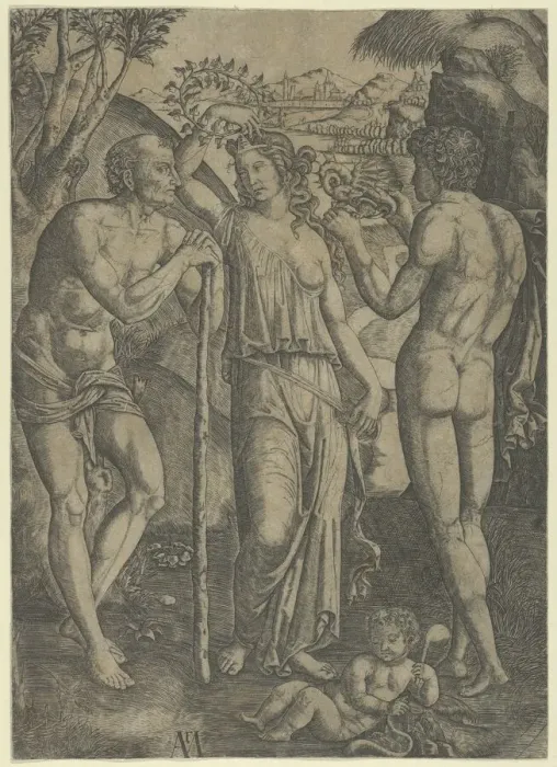 Framed Print : An allegorical scene; a young woman at centre holding a wreath above her head, at l... ca. 1515-27. Creator: Marcantonio Raimondi Framed Print : An allegorical scene; a young woman at centre holding a wreath above her head, at l... ca. 1515-27. Creator: Marcantonio Raimondi