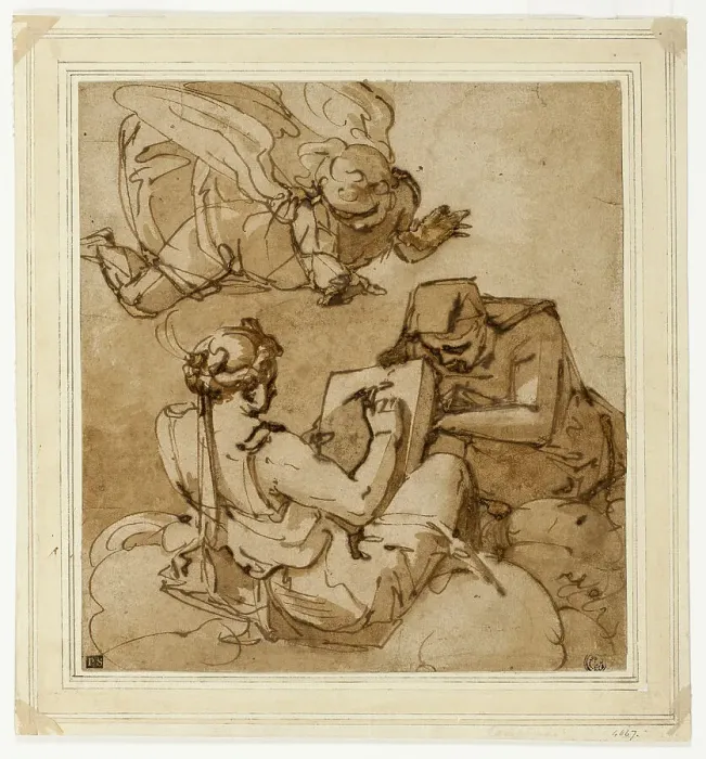 Framed Print : Allegorical Subject (Angel above Two Sibyls), 1560 / 65. Creator: Luca Cambiaso Framed Print : Allegorical Subject (Angel above Two Sibyls), 1560 / 65. Creator: Luca Cambiaso