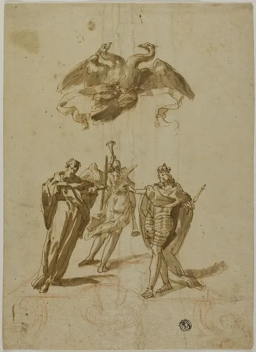 Framed Print : Allegorical Subject: Two-headed Imperial Eagle on Clouds; On Ground, a Draped... 16th century. Creator: Unknown Framed Print : Allegorical Subject: Two-headed Imperial Eagle on Clouds; On Ground, a Draped... 16th century. Creator: Unknown