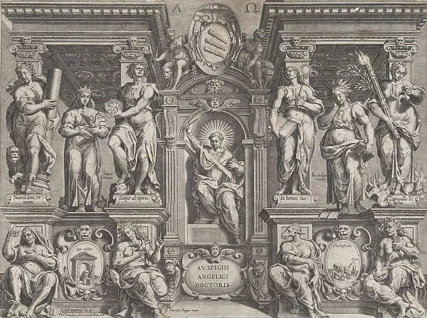 Allegorical thesis print with various figures, set in an architectural structure, 1608
