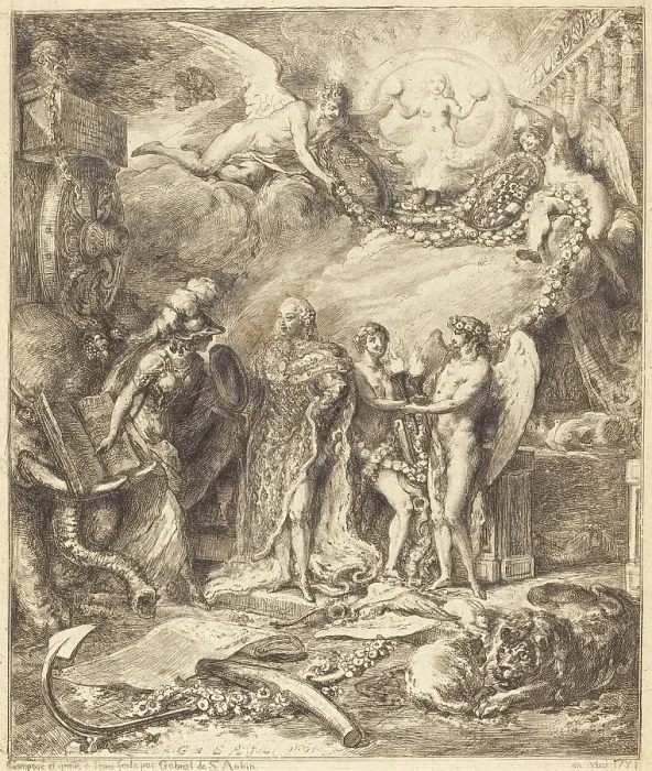 Framed Print : Allegorie sur la mariage du Comte de Provence, 1771. Creator: Gabriel de Saint-Aubin Framed Print : Allegorie sur la mariage du Comte de Provence, 1771. Creator: Gabriel de Saint-Aubin