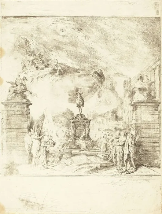 Framed Print : Allegorie sur l'Erection de la Statue de Louis XV (Allegory on the Establishment of a, c. 1763. Creator: Gabriel de Saint-Aubin) Framed Print : Allegorie sur l'Erection de la Statue de Louis XV (Allegory on the Establishment of a, c. 1763. Creator: Gabriel de Saint-Aubin)