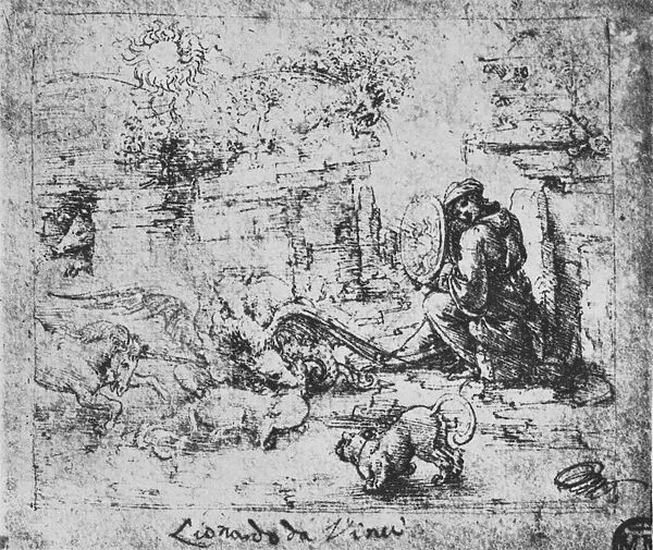 Allegory: Animals Fighting and a Man with a Burning-Glass, c1480 (1945). Artist: Leonardo da Vinci