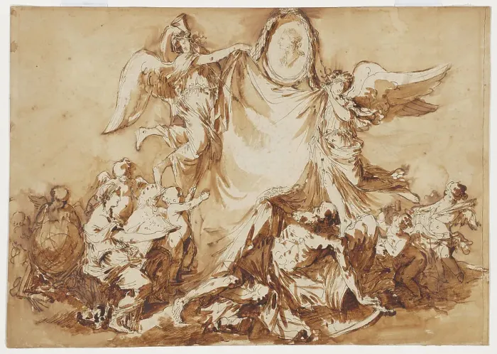 Framed Print : An Allegory of the Arts Vanquishing Time, Surmounted by a Medallion Portrait of... after 1780. Creator: André Jean Lebrun Framed Print : An Allegory of the Arts Vanquishing Time, Surmounted by a Medallion Portrait of... after 1780. Creator: André Jean Lebrun