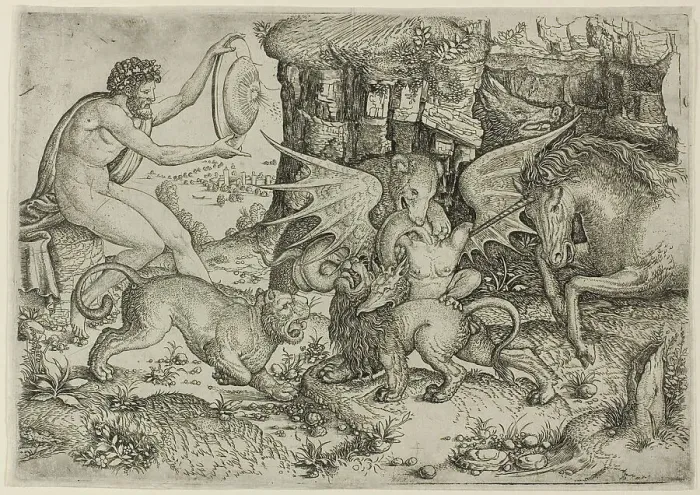 Framed Print : Allegory: Combat of Animals in the Presence of Man with Shield, 1515 / 20. Creator: Master of the Beheading of St. John the Baptist Framed Print : Allegory: Combat of Animals in the Presence of Man with Shield, 1515 / 20. Creator: Master of the Beheading of St. John the Baptist