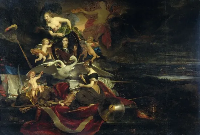 Framed Print : Allegory on the Dutch Raid on the Medway (1667), with a Portrait of Cornelis de Witt, 1668. Creator: Cornelis Bisschop Framed Print : Allegory on the Dutch Raid on the Medway (1667), with a Portrait of Cornelis de Witt, 1668. Creator: Cornelis Bisschop