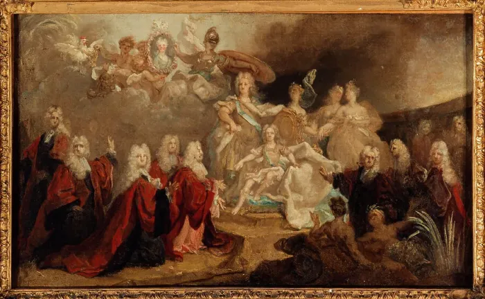 Framed Print : Allegory of the engagement of Louis XV to the Infanta Marie-Anne-Victoire of Spain (1722). Creator: Nicolas de Largilliere Framed Print : Allegory of the engagement of Louis XV to the Infanta Marie-Anne-Victoire of Spain (1722). Creator: Nicolas de Largilliere
