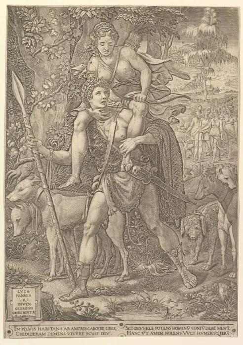 Framed Print : Allegory of the Hunt; a hunter holding a large spear carrying a woman (Diana Framed Print : Allegory of the Hunt; a hunter holding a large spear carrying a woman (Diana