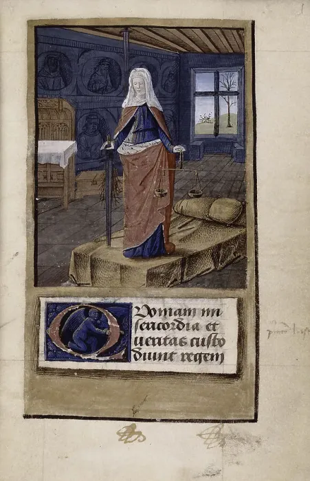 Framed Print : Allegory of Justice (from John of Wales Breviloquium de virtutibus antiquorum principum et philosophorum), 1475-1499. Artist: Colombe, Jean (c. 1430-c. 1493) Framed Print : Allegory of Justice (from John of Wales Breviloquium de virtutibus antiquorum principum et philosophorum), 1475-1499. Artist: Colombe, Jean (c. 1430-c. 1493)