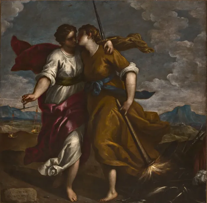 Framed Print : Allegory of justice and peace, c.1620. Creator: Palma il Giovane, Jacopo, the younger (1544-1628) Framed Print : Allegory of justice and peace, c.1620. Creator: Palma il Giovane, Jacopo, the younger (1544-1628)