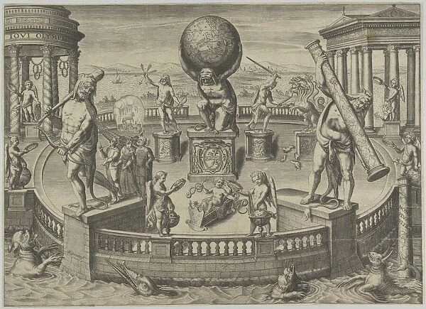 Allegory of the Twelve Labors of Hercules Statues in a Circular Garde... mid 16th-mid 17th century. Creator: Matthaeus Greuter