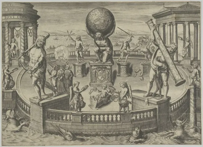 Framed Print : Allegory of the Twelve Labors of Hercules Statues in a Circular Garde... mid 16th-mid 17th century. Creator: Matthaeus Greuter Framed Print : Allegory of the Twelve Labors of Hercules Statues in a Circular Garde... mid 16th-mid 17th century. Creator: Matthaeus Greuter