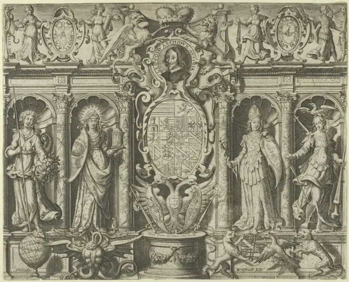 Framed Print : Allegory of Leopold V, Archduke of Austria, mid 16th-mid 17th century. Creator: Matthaeus Greuter Framed Print : Allegory of Leopold V, Archduke of Austria, mid 16th-mid 17th century. Creator: Matthaeus Greuter