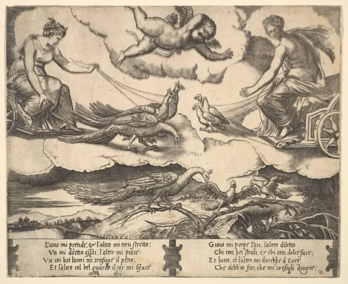 Framed Print : Allegory of Marriage and Love; Juno in a chariot drawn by peacocks at left, Venus in a