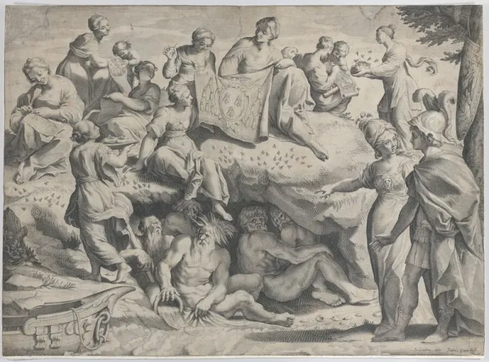 Framed Print : Allegory with Minerva at right, leading a young man towards Mount Parnassus, where the... 1620-47. Creator: Johann Friedrich Greuter Framed Print : Allegory with Minerva at right, leading a young man towards Mount Parnassus, where the... 1620-47. Creator: Johann Friedrich Greuter