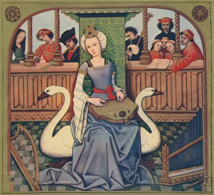 Framed Print : The Allegory of Music, c1496-1498, (1939). Artist: Robinet Testard Framed Print : The Allegory of Music, c1496-1498, (1939). Artist: Robinet Testard