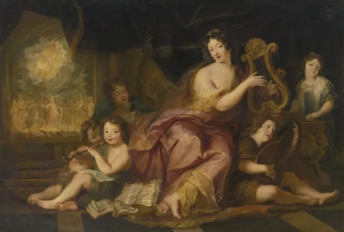 Framed Print : Allegory of Music. Portrait of Madame de Maintenon (1635-1719), with the Natural Children of Louis X Artist: Coypel, Antoine (1661-1722) Framed Print : Allegory of Music. Portrait of Madame de Maintenon (1635-1719), with the Natural Children of Louis X Artist: Coypel, Antoine (1661-1722)