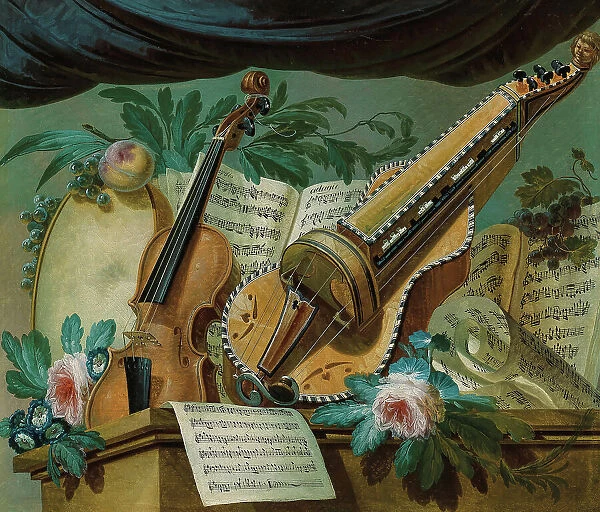 Allegory of music with a violin, a hurdy-gurdy, a framedrum, sheets of music, flowers and fruit... Creator: Jager, Gerke Jans de (ca 1748-1822)