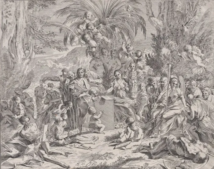 Framed Print : An allegory of painting, who as a child in the centre left draws on a tablet, surrou Framed Print : An allegory of painting, who as a child in the centre left draws on a tablet, surrou