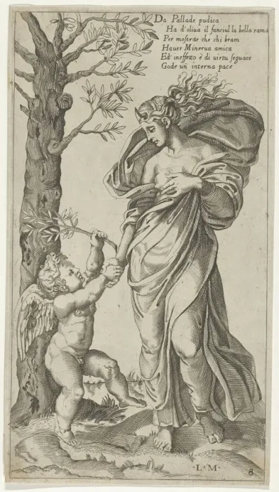 Framed Print : An allegory of Peace; Peace personified as a woman standing in a landscape holding the... 1530-40. Creator: Lorenzo de Musi Framed Print : An allegory of Peace; Peace personified as a woman standing in a landscape holding the... 1530-40. Creator: Lorenzo de Musi