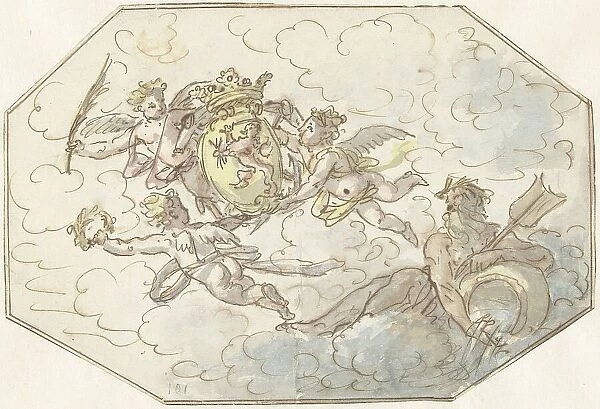 Allegory with putti with coat of arms and the god of river, 1700-1800. Creator: Anon