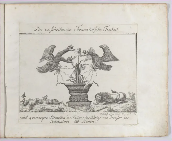 Framed Print : Allegory representing the freedom of France with four silhouettes, 1793-1800. Creator: Anon Framed Print : Allegory representing the freedom of France with four silhouettes, 1793-1800. Creator: Anon