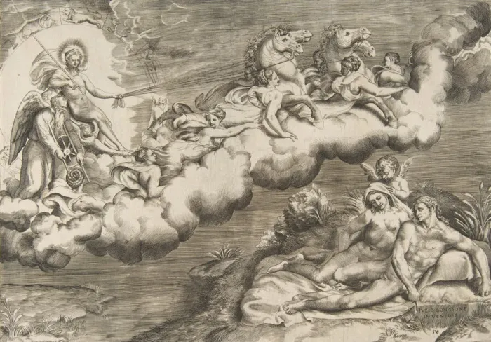 Framed Print : An allegory of the rising sun, a naked man wearing a shroud and accompanied Father Time Framed Print : An allegory of the rising sun, a naked man wearing a shroud and accompanied Father Time