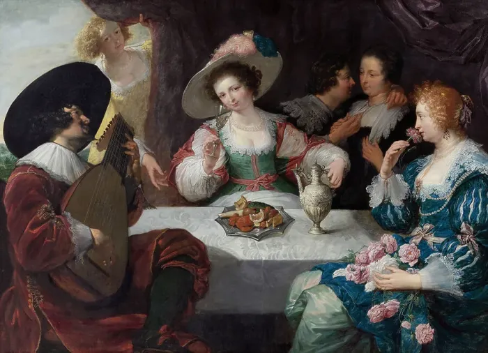 Framed Print : Allegory of the five senses: Elegant company sitting at a table, c1640. Creator: Cossiers; Jan (1600-1671) Framed Print : Allegory of the five senses: Elegant company sitting at a table, c1640. Creator: Cossiers; Jan (1600-1671)