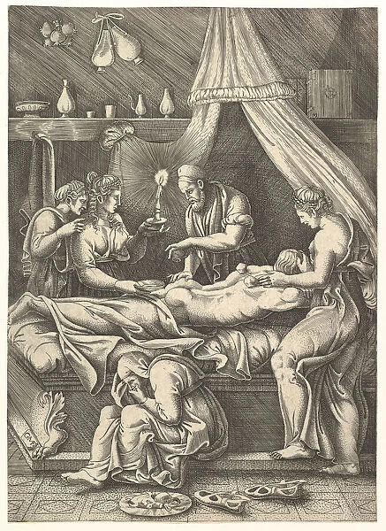 An allegory of sickness, man laying prostrate on a bed surrounded by figures, ca. 1540
