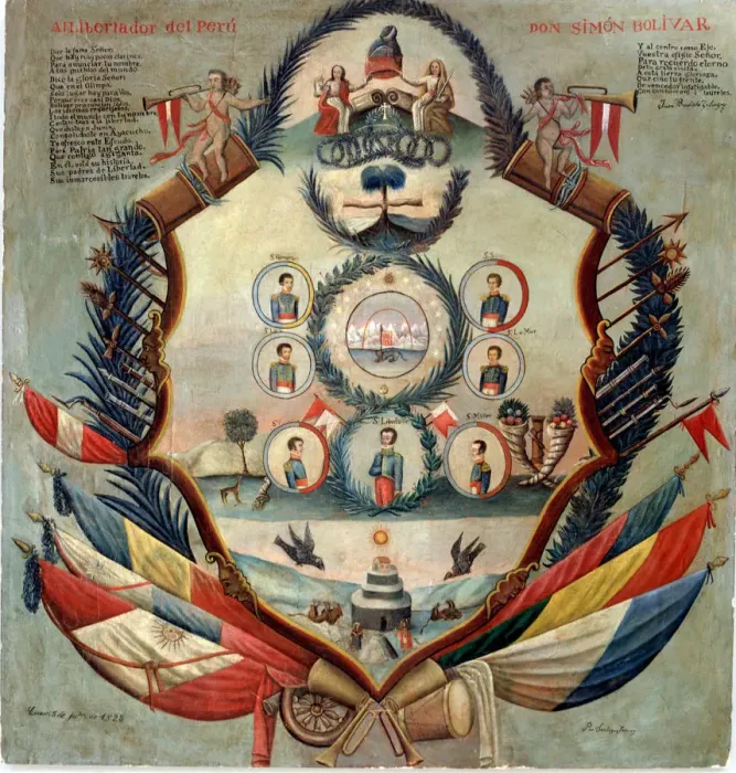 Framed Print : Allegory with Simon Bolivar, the liberator of Peru (1783-1830) Framed Print : Allegory with Simon Bolivar, the liberator of Peru (1783-1830)