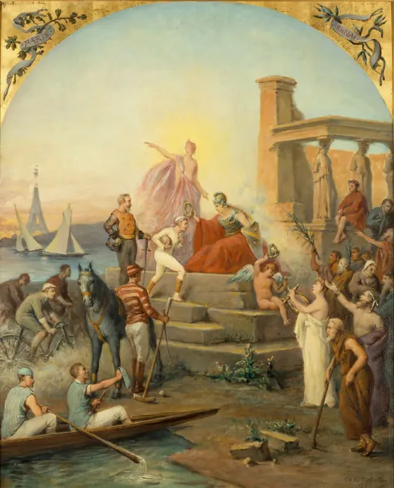 Framed Print : Allegory of Sports, 1896. Artist: Fredy, Baron de Coubertin, Charles Louis de (1822-1908) Framed Print : Allegory of Sports, 1896. Artist: Fredy, Baron de Coubertin, Charles Louis de (1822-1908)