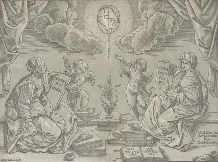 Framed Print : Allegory of a thesis, two women hold inscribed tablets, 1640 Framed Print : Allegory of a thesis, two women hold inscribed tablets, 1640