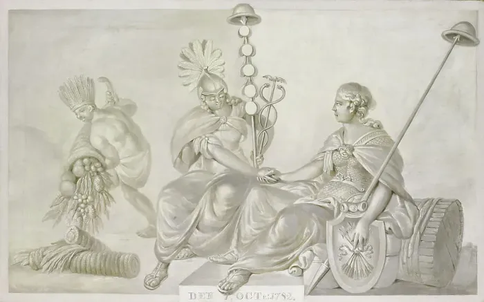 Framed Print : Allegory of the Treaty of Friendship and Commerce between the States General of the United Netherla Creator: Anon Framed Print : Allegory of the Treaty of Friendship and Commerce between the States General of the United Netherla Creator: Anon