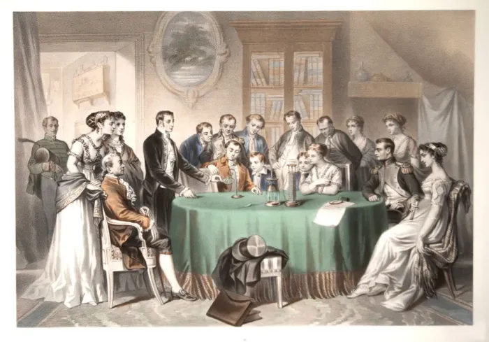 Framed Print : Allessandro Volta amazes Napoleon Bonaparte with his battery, c. 1850 Framed Print : Allessandro Volta amazes Napoleon Bonaparte with his battery, c. 1850