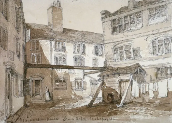 Framed Print : Alleyns Almshouses, Gingerbread Court, Lamb Alley, City of London, 1851. Artist Framed Print : Alleyns Almshouses, Gingerbread Court, Lamb Alley, City of London, 1851. Artist